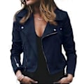 Miniatyrbillede 1 af 2: Dame Lapel Plain Zip Up Biker Jakke Afklippet Suit Dame Blazer Langærmet Frakke Slim Fit Yderbeklædning (2XL Blå)