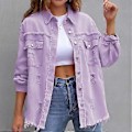 Miniatyrbilde 3 av 3: Løs Rippet Denimjakke Slitesterk Vellaget Hudvennlig Blazer For Vår Sommer Høst Daglig Bruk (M Lys Lilla)