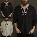 Miniatyrbillede 2 af 5: Fianao Mænds Skjorte med Fast Farve, Snøring Fortil, V-Hals, Langærmet, Løstsiddende, Streetwear (2XL Sort)