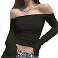Pikkukuva 1 / 5: Naisten Off Shoulder Mesh Ruched Crop Topit Y2K T-paita Trumpetti Pitkähihainen Slim Fit T-paidat Seksikäs Pusero Y2K Katumuoti Musta M(M Musta)