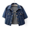 Miniatyrbillede 1 af 4: Denimjakke til Kvinder Sommer Løs Enkeltknappet Nedadvendt Krave Kortærmet Jakke Koreansk Mode Crop Coat (XL navy blå)