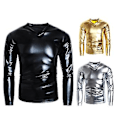 Miniatyrbillede 2 af 5: Mænd T-shirt Glansfuldt Udseende Ensfarvet Langærmet Top V-hals Slim Fit T-shirt Natklub Party Performance Kostumer (L Sort)