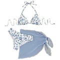 Miniatyrbillede 1 af 5: Dame Todelt Blomsterprint Badedragt Halterneck Badedragt med Strand Sarong Nederdel Todelt Halterneck Thong Badedragter Blå L(L )