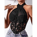 Pikkukuva 5 / 5: Naisten Seksikäs Pitsi Mesh Korsetti Crop Top Muotoileva Avoselkäinen Korsetti Crop Top (L musta)