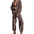 Miniatyrbilde 1 av 5: Dames Todelt Antrekk V-hals Langermet Cardigan Jakker Topper og Strikk Vide Ben Bukser Loungewear Genser Sett brun S(S brun)