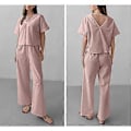 Miniatyrbild 4 av 5: Dam Pyjamas och Byxor Set V-formad Krage Pyjamas Bomull Rygglös Pyjamas Nattbyxor Set (S rosa)