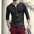 Miniatyrbillede 3 af 5: Fianao Langærmet Herre T-shirt Ensfarvet Casual V-hals Tynd Knapper T-shirt Mænds Tøj (3XL Grøn)