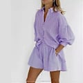 Miniatyrbillede 1 af 3: Efterårs- og vinterdametøj Stribet bobleærme Shorts Sans Afslappede outfitsæt (XL Lilla)