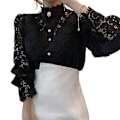 Miniatyrbillede 1 af 5: Langærmet Damebluse med Blonder, Fransk Bluser, Blomsterudskæring, Stående Krave (XL Sort)