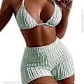 Miniatyrbild 1 av 5: Tvådelad halter baddräkt för damer, atletisk push up bikini set badkläder med boyshorts ribbad mesh sportig baddräkt Mintgrön S(S Mintgrön)