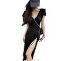 Miniatyrbilde 2 av 5: Dame V-hals Bodycon Mini Kjole Kort Erm Tight Kjoler Partykjole (XL Svart)