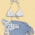 Miniatyrbillede 2 af 5: Dame Todelt Blomsterprint Badedragt Halterneck Badedragt med Strand Sarong Nederdel Todelt Halterneck Thong Badedragter Blå L(L )