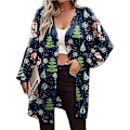Miniatyrbillede 2 af 2: Dametøj Juletrykt Langærmet Mode Cardigan Jakke (XXXL Gammel mand i marineblå)