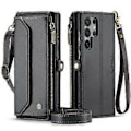 Miniatyrbillede 1 af 5: Crossbody Wallet Case til Samsung Galaxy S24 Ultra, Magnetisk Flip Kort Holder Læder Cover med Lynlås Lomme til Kvinder (Sort)