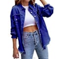 Miniatyrbilde 1 av 3: Løs Rippet Denimjakke Slitesterk Vellaget Hudvennlig Blazer For Vår Sommer Høst Daglig Bruk (Lyseblå)