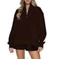 Pikkukuva 1 / 5: Naisten Oversized 2-osainen oleskelusetti, pitkähihainen vetoketjullinen pystykaulus huppari, collegepaita ja shortsit, asusetti, verryttelypuku Ruskea XL (XL Ruskea)