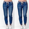 Miniatyrbilde 1 av 2: Dame Casual Elastisk Midje Jeans Bukser Joggebukser Denim Joggebukser (4XL Mørk Blå)