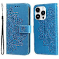 Miniatyrbilde 1 av 5: 7-blads blomster preget lærveske for iPhone 15 Pro (Blå)