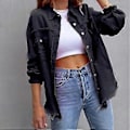 Miniatyrbilde 3 av 3: Løs Rippet Denimjakke Slitesterk Vellaget Hudvennlig Blazer For Vår Sommer Høst Daglig Bruk (M Svart)