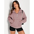 Miniatyrbild 3 av 5: Dam Sweatshirts Halv Zip Croppade Tröjor Fleece Kvart Zip Hoodies Höstkläder Kläder Tumhål Mörkröd,L