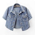Miniatyrbillede 2 af 4: Denimjakke til Kvinder Sommer Løs Enkeltknappet Nedadvendt Krave Kortærmet Jakke Koreansk Mode Crop Coat (XL navy blå)