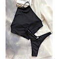 Miniatyrbild 2 av 4: Dam Baddräkt Högmidjad Baddräkt Tvådelad Baddräkt Bikini Set Bikini Fiis Flerfärgad Valfri (M SVART)