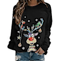 Miniatyrbillede 1 af 2: Jul Kvinder Farverig Elg Print Langærmet Sweatshirt T-shirt Casual Løse Skjorter Jul Rund Hals Pullover Jumper Toppe -NMAOV(XL Sort)