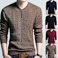Miniatyrbild 2 av 5: Fianao Chic Herrar Solid Färg V-Hals Långärmad Pullover Slim Fit Stickad Tröja Blus (L Camel)