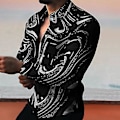 Miniatyrbilde 4 av 5: Fianao Menneshortskjorte Lang Erme Nedfellt Krage Fargerik Trykk Enkeltbryst Sommer Topp Menn Clubwear (L Svart)