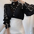 Miniatyrbillede 3 af 4: Langærmet Damebluse med Blonder, Fransk Bluser, Blomsterudskæring, Stående Krave (3XL Abrikos)