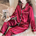 Miniatyrbillede 1 af 5: Kvinders Satin Silke Look Natskjorte Pyjamas Langærmet Natsæt (L Rød)