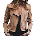 Miniatyrbillede 1 af 2: Dame Lapel Plain Zip Up Biker Jakke Afklippet Suit Dame Blazer Langærmet Frakke Slim Fit Yderbeklædning (XL Kaffe)