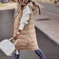 Miniatyrbilde 4 av 5: Lett Vintergenser Lang med Hette Utendørs Vest Dunjakke Vattert Kåpe Ensfarget Hette Ermeløs Jakke for Dame (XXXXXL beige)