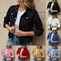 Miniatyrbild 2 av 4: Dam Höst Denim Korta Jackor Dam Vinter Enkelknäppt Långärmad Nedvikt Krage Jeansjackor (L vit)