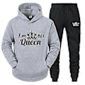 Pikkukuva 1 / 2: King Queen -collegepaita-setti miehille ja naisille, vapaa-ajan urheiluhupparisetti, kaksiosainen asu -NMAOV (XL QUEEN harmaa ja musta)
