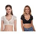 Miniatyrbilde 4 av 5: Dirndl-bluse for kvinner, dyp V-hals, halv erme, blondetopp, Oktoberfest-kostyme (L Svart)