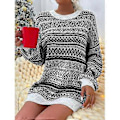 Miniatyrbillede 3 af 5: Jule Kvinder Langærmet Rund Hals Sweater Pullover Top Vinter Afslappet Løs Rund Hals Uldkjole (XL Sort)