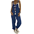 Miniatyrbillede 1 af 4: Dame Spring Sommer Casual Løse Lange Bib Bukser Jumpsuits Baggy Bomuld Linned Look Rompers Overalls Bukser Plus Size (4XL Mørkeblå)