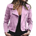 Miniatyrbillede 1 af 2: Dame Lapel Plain Zip Up Biker Jakke Afklippet Suit Dame Blazer Langærmet Frakke Slim Fit Yderbeklædning (XL Pink)