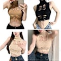 Miniatyrbillede 2 af 5: Dame Sommer Halv Turtleneck Slim Fit Sweater Vest Sexet Udhulet Flået Hul Patchwork Ærmeløs Tank Top Crop Top Rød (Rød)
