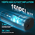 Pikkukuva 3 / 4: Sähköinen rengaspumppu ilmakompressori, 8000mAh USB-ladattava akku auton rengaspumppu, 150PSI kannettava digitaalinen rengaspumppu LED-valolla（PA）
