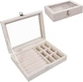 Smyckeskrin med glaslock, 9 fack, resevänligt för halsband, örhängen, ringar, transparent smyckesförvaringslåda, beige