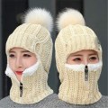 Miniatyrbilde 4 av 5: Vinter Siamese vindtett lue, strikket ullue, dame ull strikket skisett, tykk siamese skjerf krage varm lue, beige Beige