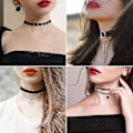 Miniatyrbillede 3 af 5: Choker Halskæde Sort 8 Stk Fløjls Chokers Sort, Sort Klassisk Gotisk Choker