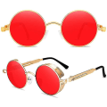 Pikkukuva 3 / 4: Aikuisten Steampunk Cyberpunk Pyöreät Aurinkolasit Vintage Retro Ympyrälasit Gold Frame Red Lenses