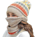 Miniatyrbilde 1 av 5: Dame Vinterlue Hette Skjerf Maske 3 i 1 Fleece Foret Strikket Varme Luene Hatter Skjerf Sett med Pompom
