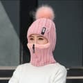 Topp ull stickad mössa skidmössa set vindtät vinter utomhus utomhus stickad tjock en-delad halsduk, rosa