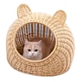 Miniatyrbillede 3 af 8: Katteseng Sød Katteøre Imiteret Rattan Håndvævet Åndbar Alle Sæsoner Vaskbar Halvlukket Kattehuse til Indendørs 38x38cm / 15.0x15.0in Beige