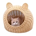 Miniatyrbillede 1 af 8: Katteseng Sød Katteøre Imiteret Rattan Håndvævet Åndbar Alle Sæsoner Vaskbar Halvlukket Kattehuse til Indendørs 38x38cm / 15.0x15.0in Beige