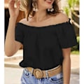 Miniatyrbillede 4 af 5: Sort M Kvinder Off Shoulder Top Casual Plain Farve Kortærmet Fril Trim Løstsiddende Sommer Trøje Bluse